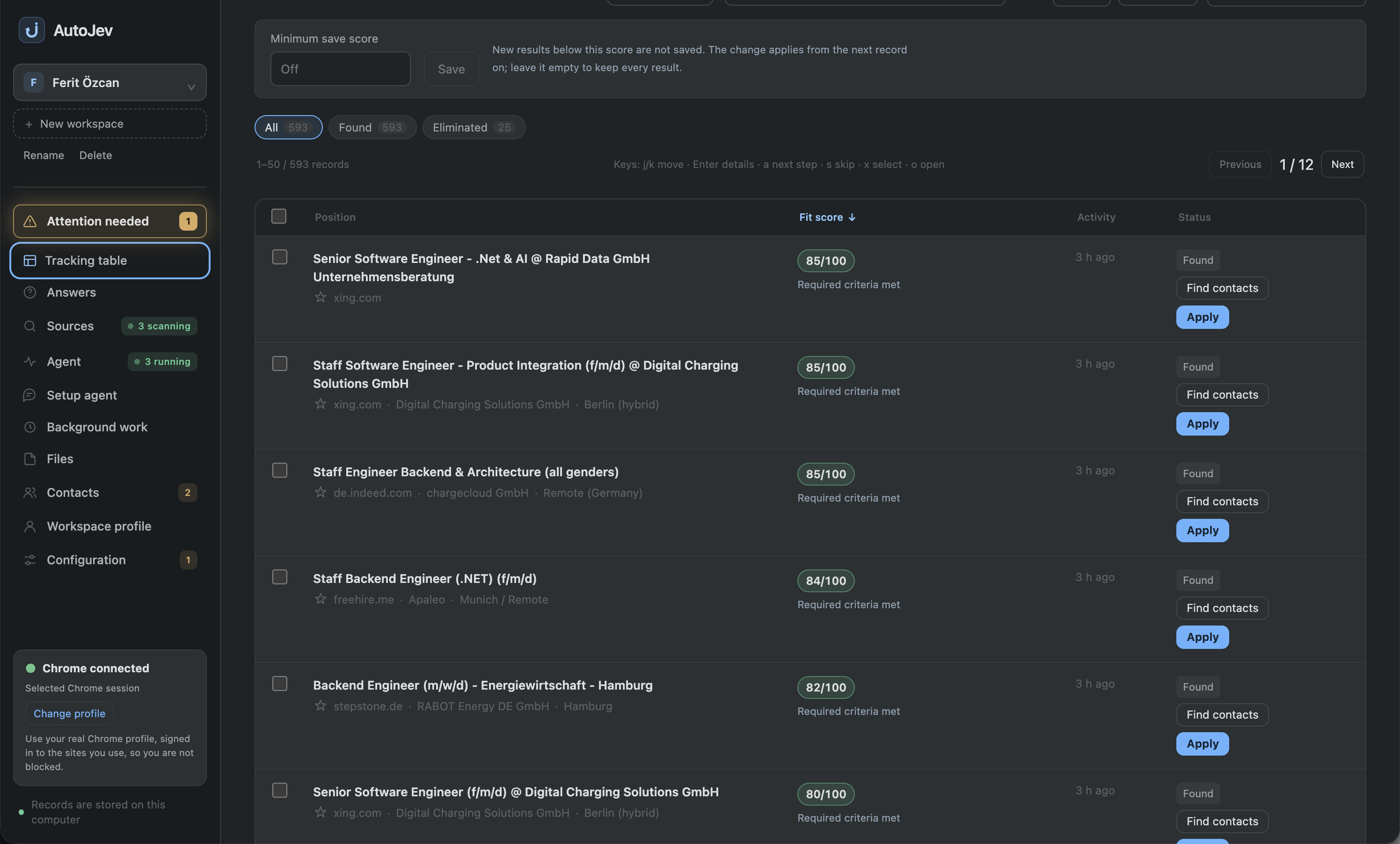 AutoJob tracking table: jobs found on XING, Indeed, StepStone and FreeHire, each with an AI fit score and Apply and Find contacts buttons